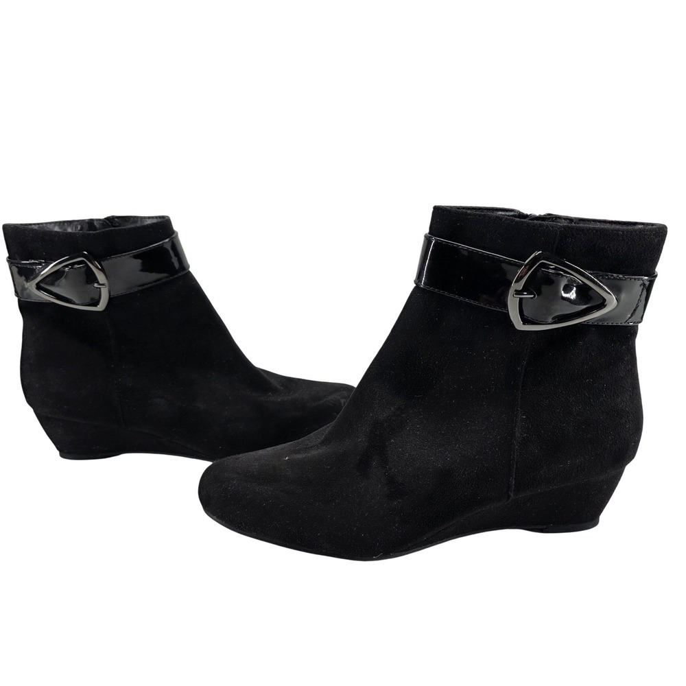 Impo Girly Wedge Ankle Boot Booties 7.5 M Black Faux Suede Buckle Y2K Whimsigoth